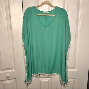 Adreamly Women’s Teal Beach Cover Up White Pom Pom Trim One Size‎ Beach Vacation